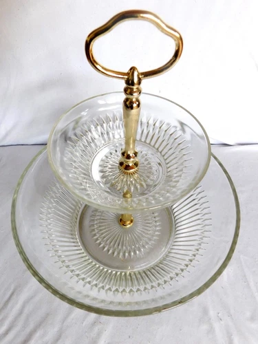 Vintage Glass Clear  2 Tier 4 3/4''dia. & 8 3/4'' dia. Bowls Dish 10" High