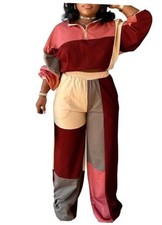 Sweatsuits Women 2 Piece Outfit Casual Long Sleeve Color Block Large Wine