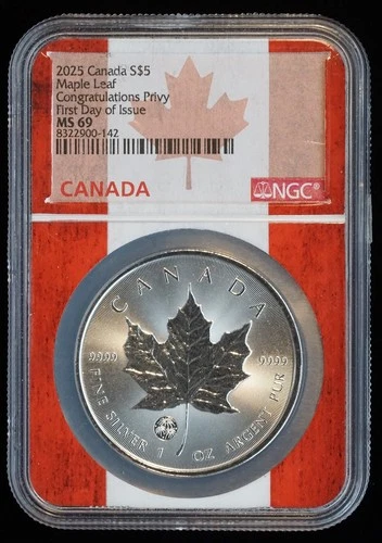 2025 Canada $5 Maple Leaf Congratulations Privy First Day MS 69 NGC