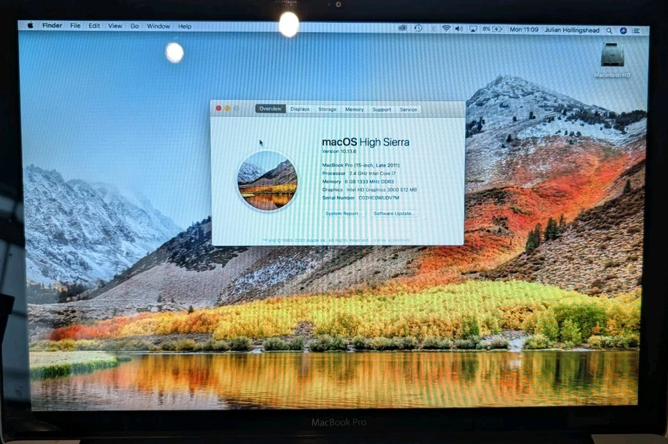 Apple Macbook Pro 15" ,i7 2.4 GHZ, 8GB RAM, 500GB HDD, High Sierra OS, Late 2011 - Image 3 of 4