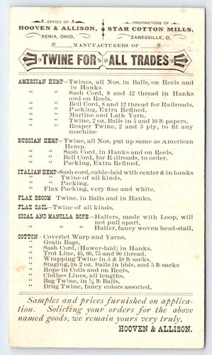 1880s Hooven & Allison Twine Mills Xenia Ohio Advertising Postal Card