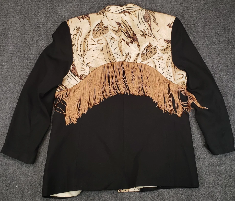 Vintage Cache Blazer Womens Medium Black Animal Print Fringed Open Front - Image 2 of 4