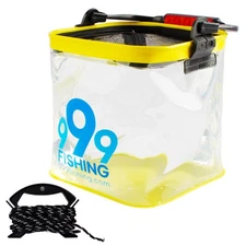 CASTSTRIKE 9L Collapsible Transparent Fishing Bucket, Zipper Mesh Lid, 19ft Rope