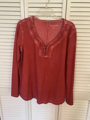 Soft Surroundings Pink Pleated Button V-Neck Tunic Blouse Long Sleeve Size M