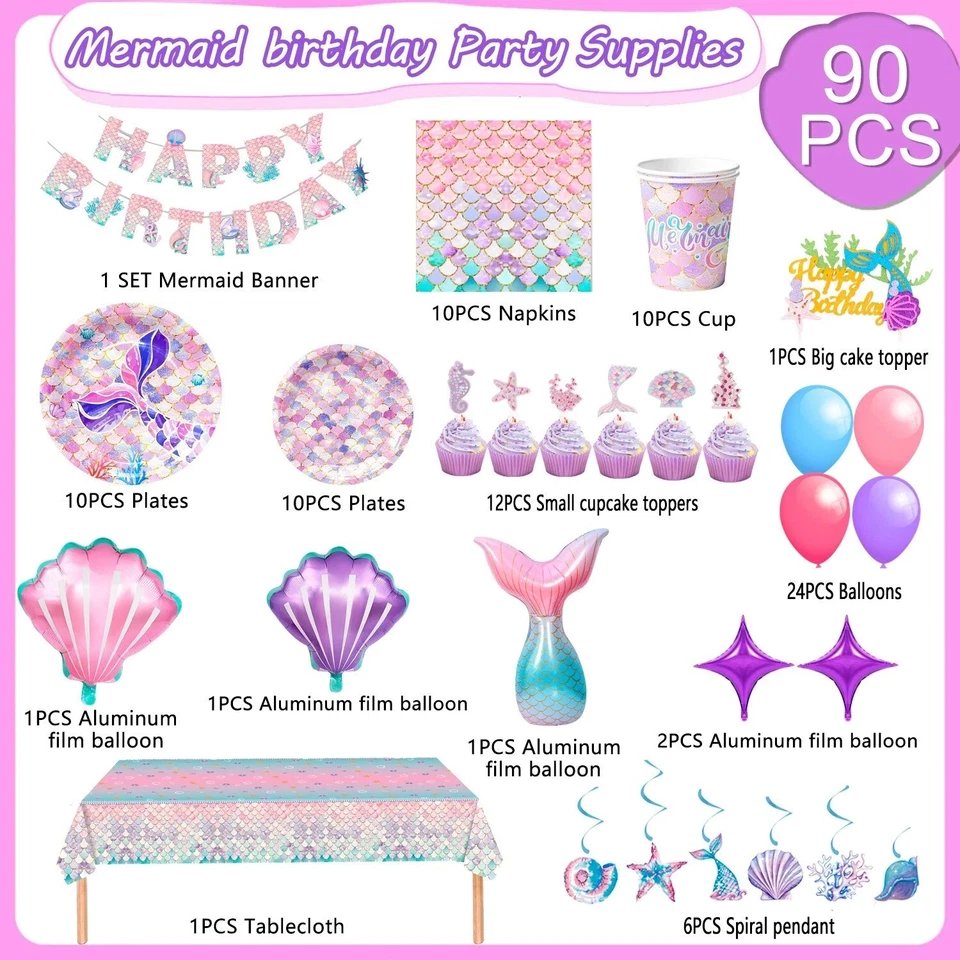 Mermaid Party Supplies, 90 Pcs Mermaid Theme Birthday Party Supplies Set - Image 2 of 4