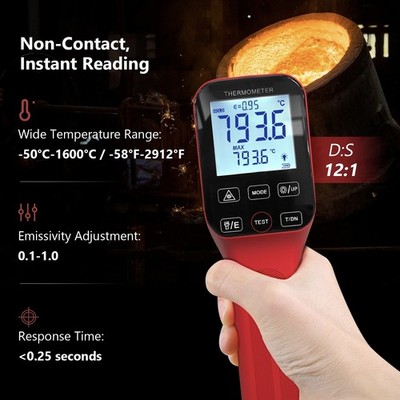 Non-Contact Infrared Laser Thermometer 30:1 -50~1600°C Rechargeable Temp Gun