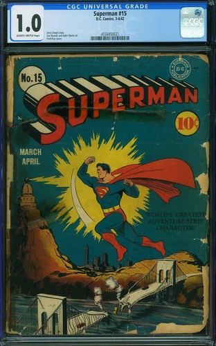 1942 D.C. Comics Superman 15 CGC 1.0. Classic Cover