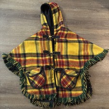 1960s Reversible Tartan Plaid To Black Fringed  Hooded Wool Poncho Cape I Size