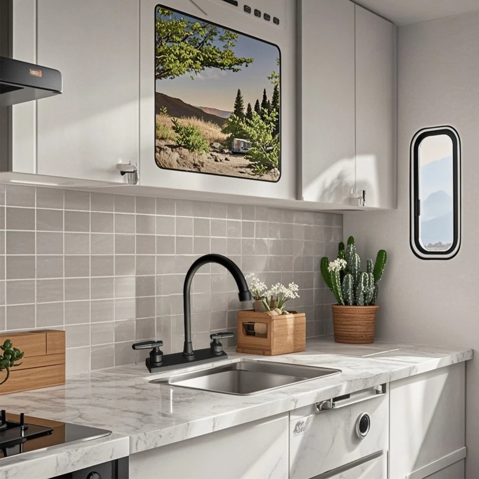 Хромированный/черный смеситель с двойной ручкой кухонный кран для автофургона раковины носика водопроводного крана - Изображение 4 из 4