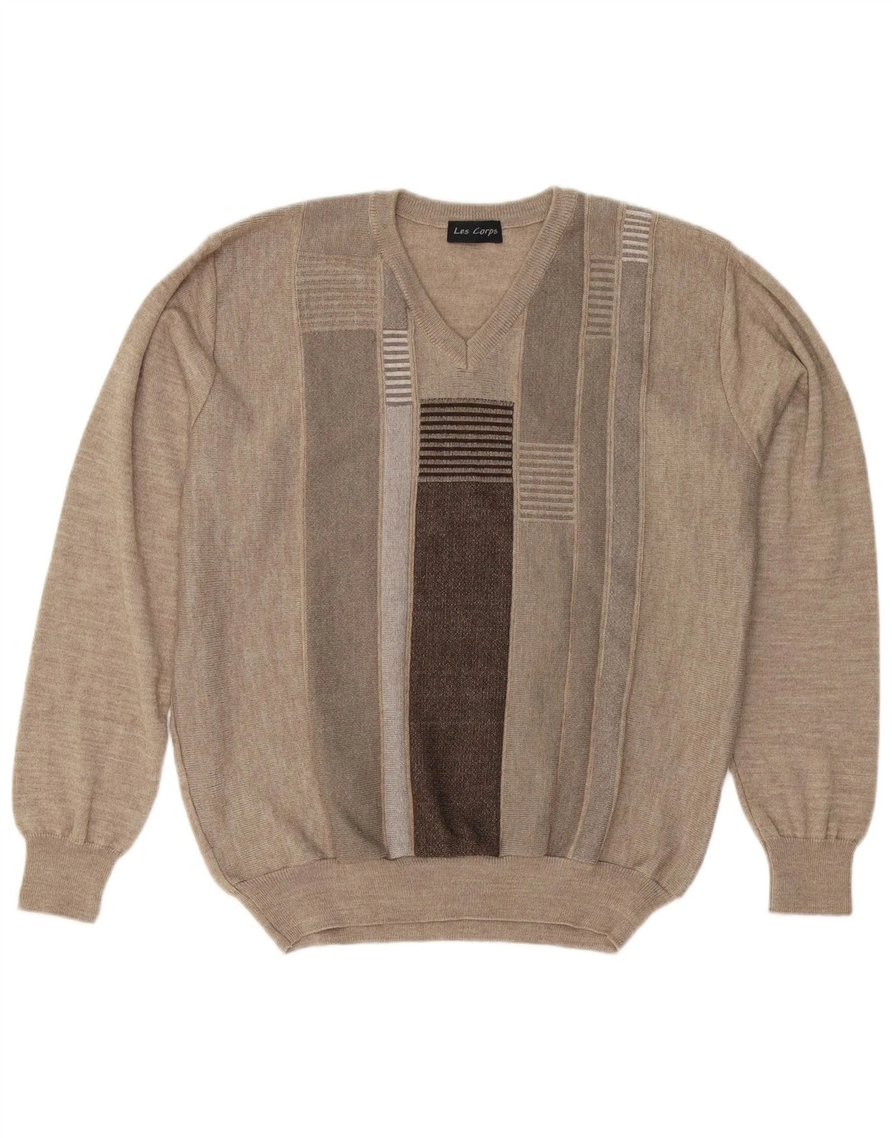 Les Corps Mens V-Neck Jumper Sweater Medium Beige Striped Wool DH02
