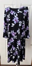 WOMEN'S ROZ & ALI 3/4 BELL SLEEVE BLACK PURPLE FLORAL PRINT DRESS SIZE L