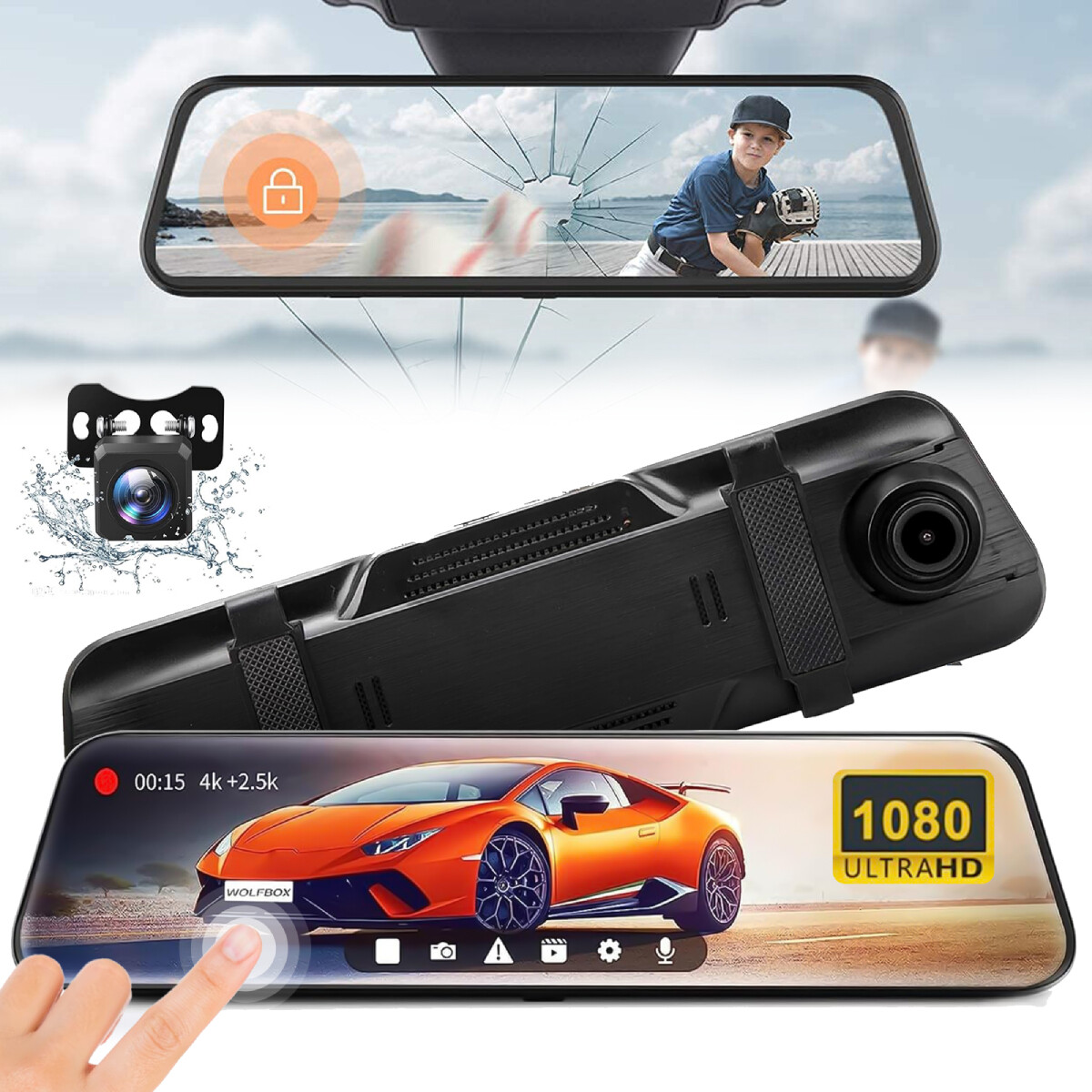 10-Inch 1080P Dual Dash Cam with G-Sensor and Rearview Mirror DVR Recorder