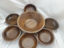 Lebanon supply Heirloom 12” Round Salad Bowl & 6 bowls Walnut Wood Vtg