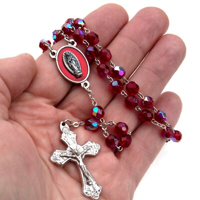 Red Glass Guadalupe Rosary Beads 7mm Catholic Women 20''