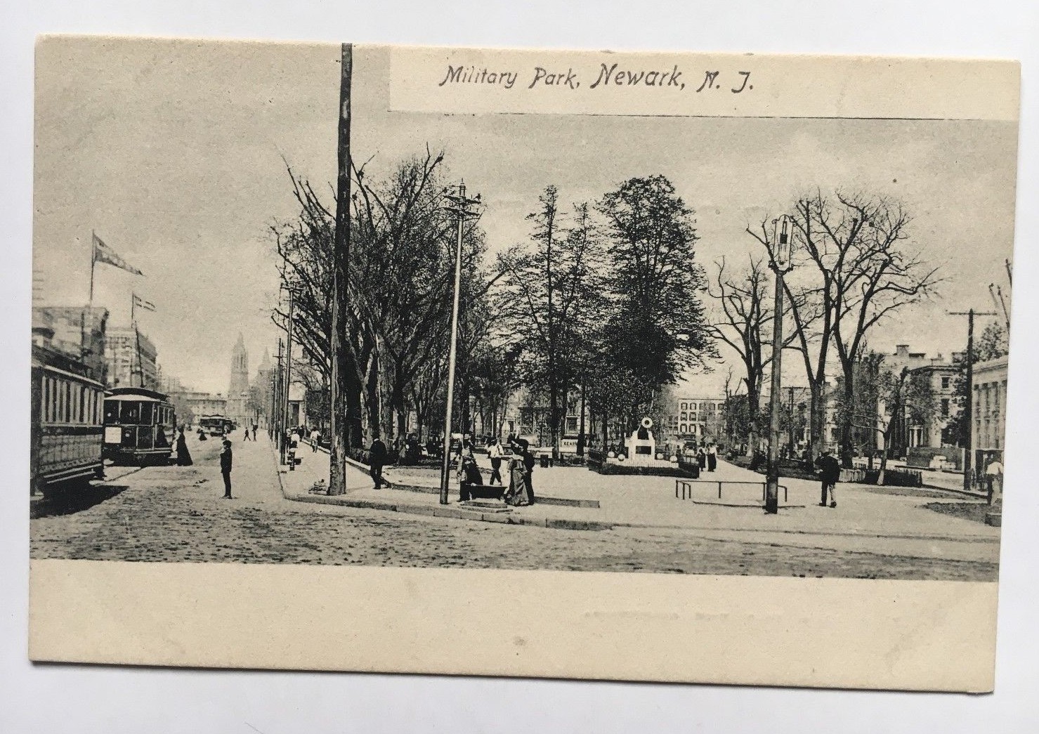 NJ Postcard Newark New Jersey Military Park trolleys (Sol Art / Rotograph) UDB