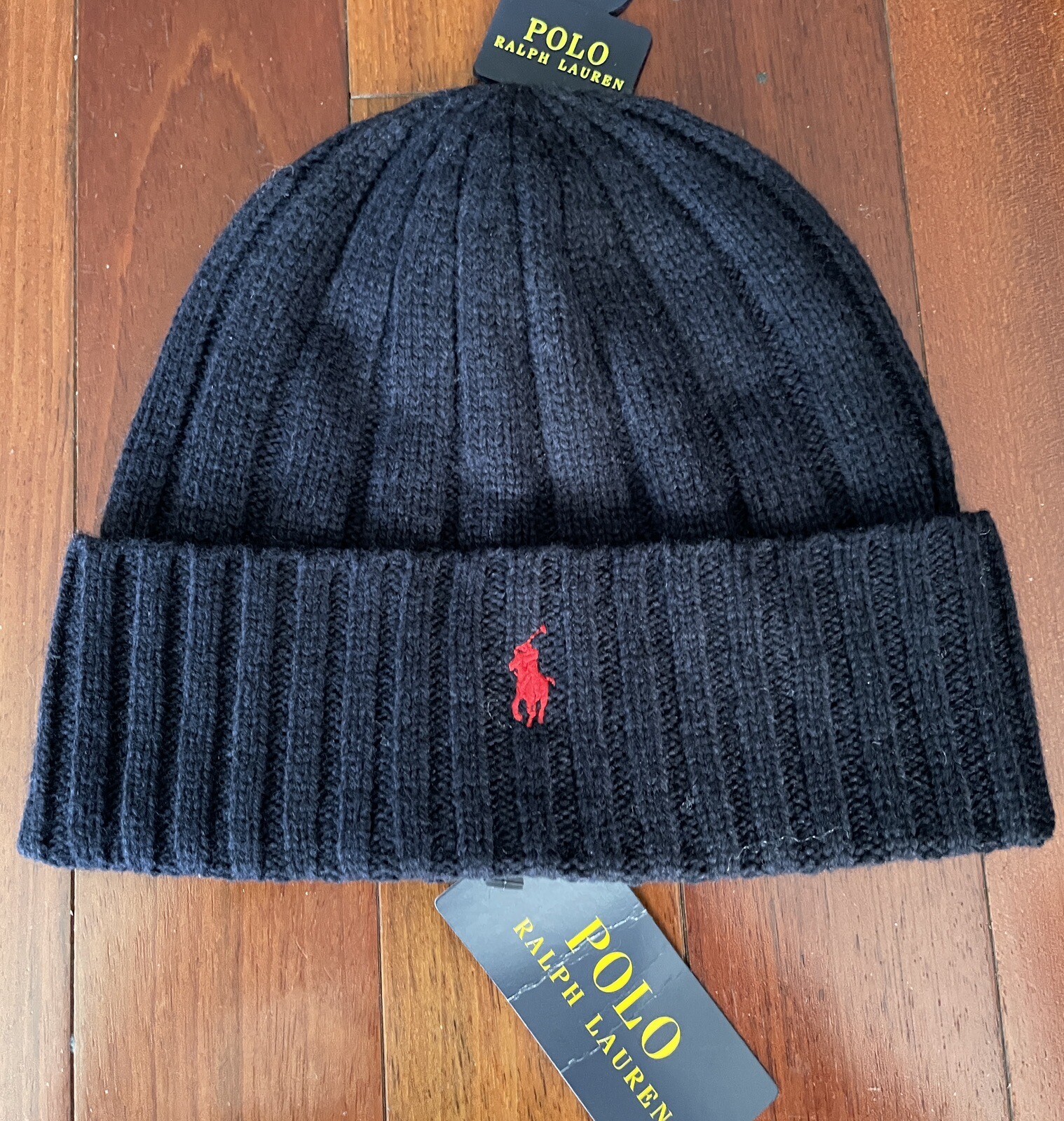 Nuova polo RALPH LAUREN blu navy lana merino rosso pony logo a costine berretto a polsini