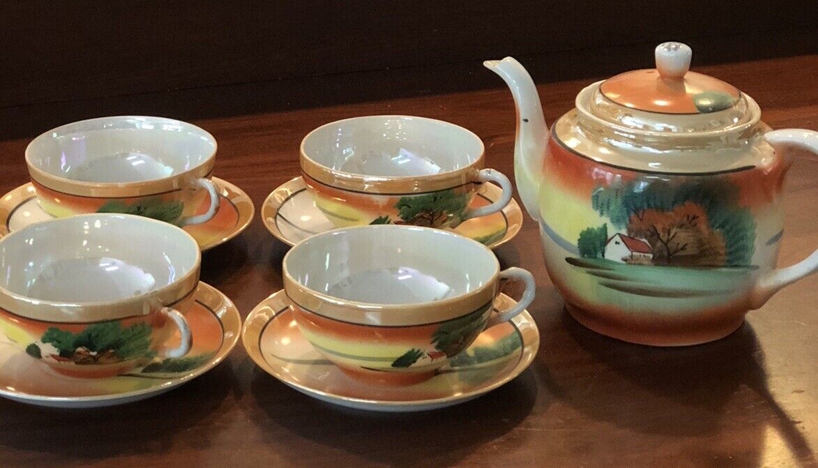 Trico Nagoya Japan Tea Set Hand Painted Lusterware 4 Cups Saucers, Lidded  Teapot