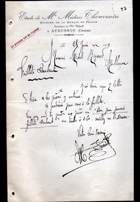 AUBUSSON (23) BANQUE DE FRANCE / BAILIFF ''Médéric THOUVENIN'' in 1909