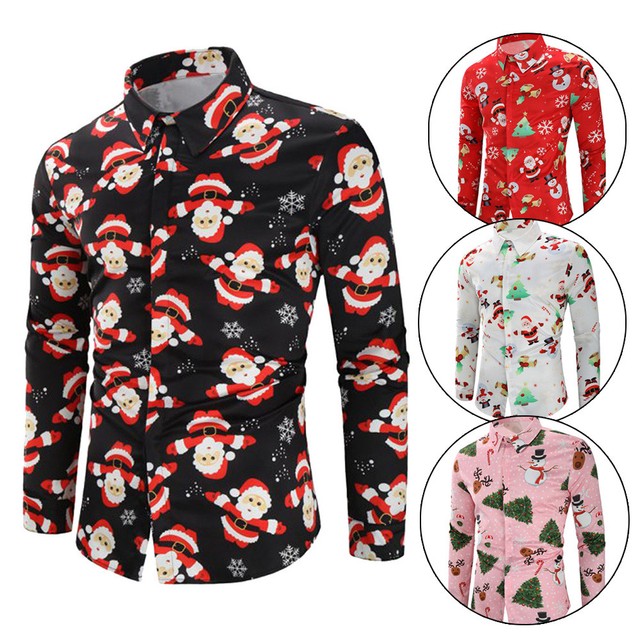 Men Christmas Printed Button Up Xmas Casual Slim Shirt Long Sleeve