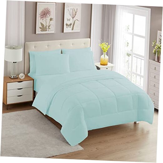 7 Piece Comforter Set Bag Solid Color All Season Soft Down Twin 1 Aqua