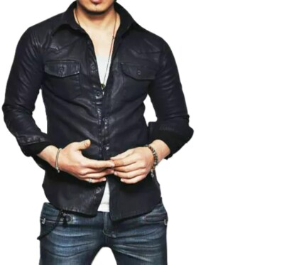 Men's 100% Genuine Leather Soft Lambskin Full Sleeves Shirt Button Black Jacket