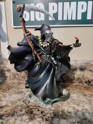 Very Rare Chrome Face Grim Reaper With Scythe And Skull Resin Statue Nemesis Now