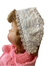 Vintage Handmade White Blue Embroidery And Lace Baby Or Doll Bonnet