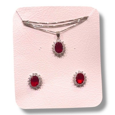 925% Ruby & Brilliant Silver Princess Necklace + Earrings