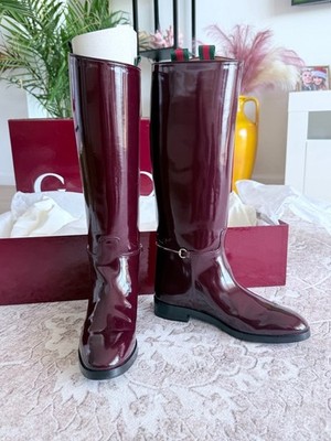 GUCCI Women s Burgundy Patent Leather Knee High Boots Size 38 EU Horsebit Web