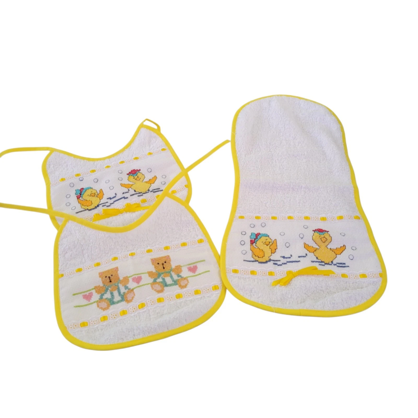 Handmade Cross Stitch Baby 2 Bibs & Burp Cloth Ducks & Teddy Bears
Opens in a new window or tab