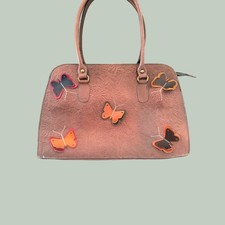 Floral Tooled Leather Satchel Handbag 3D Butterfly Applique Brown Boho Tote
