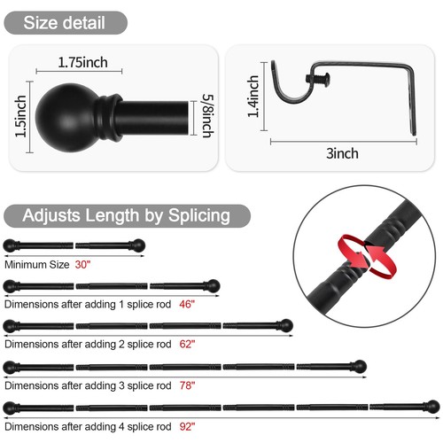 Thestoa 2 pack Black Curtain Rods for Windows 48 to 92 inch, Adjusts Length b... - Picture 3 of 6