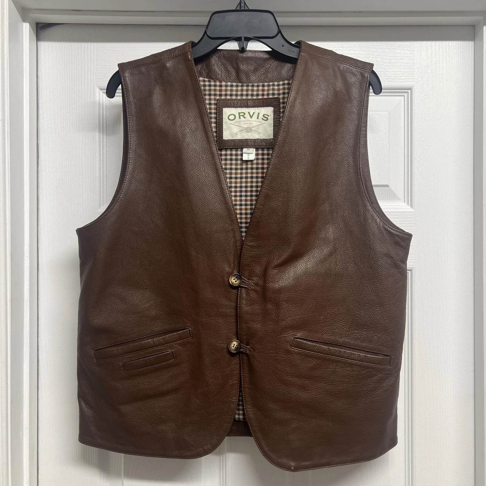 Orvis Brown Multi Pocket Leather Vest Sz. M 100% Cotton Plaid Lining