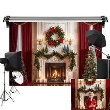 7x5ft/2.2x1.5m Christmas Backdrop Fireplace Xmas Tree Wreath Interior Decorat...