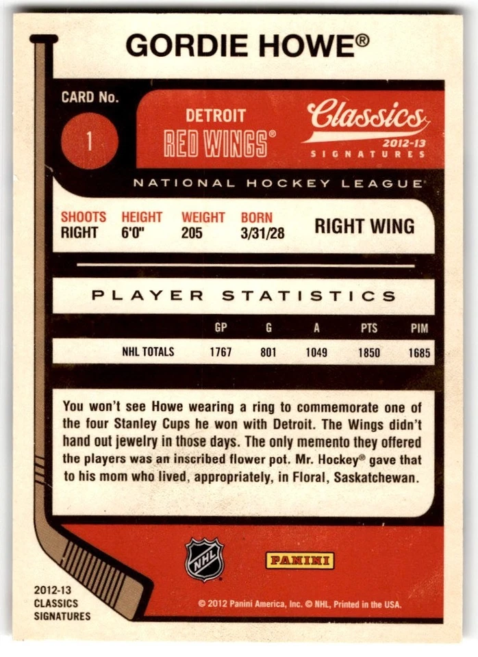 Gordie Howe 2012-13 Panini Classics Signatures #1 Detroit Red Wings - Image 2 of 2