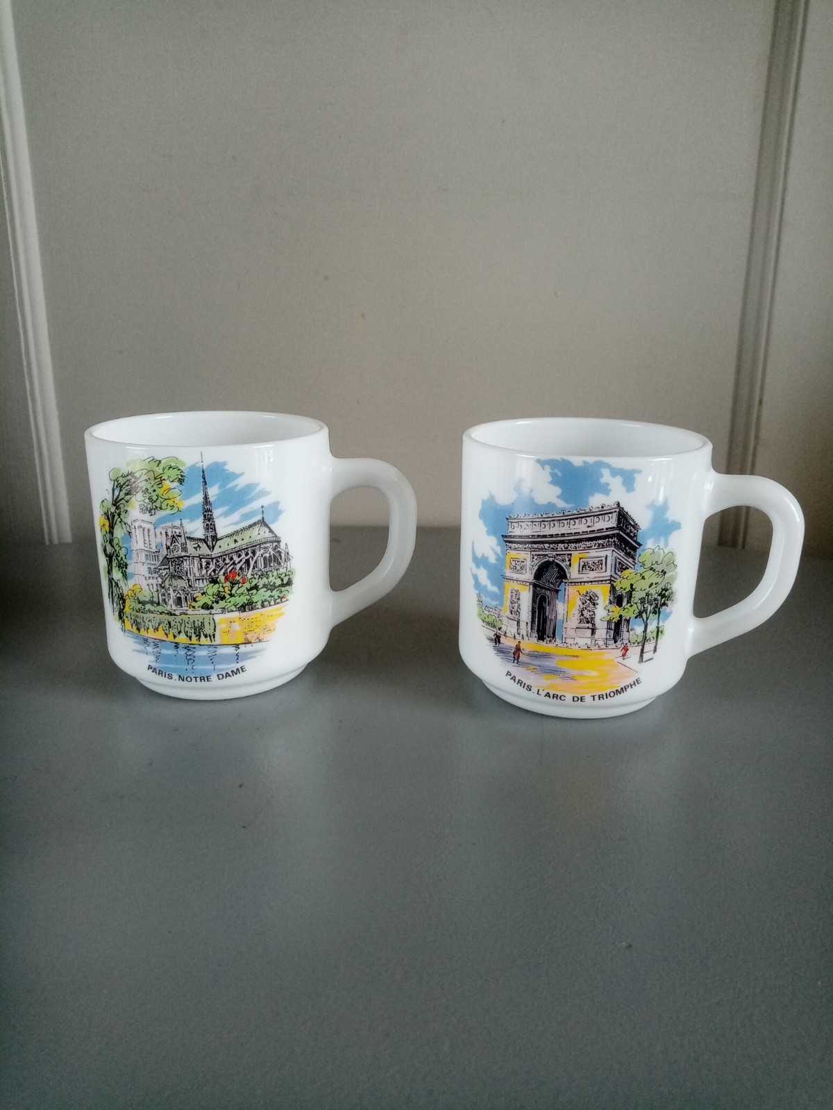 Pair Of Vintage France Arcopal Milk Glass Mug Cups/Notre Dame/L'arc De Triomphe