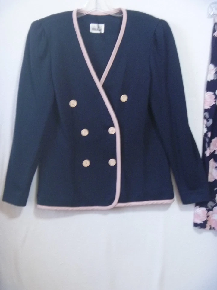 LESLIE FAY Womens Skirt Suit Size 10 Navy Blue & Pink Floral vintage 2 piece - Image 2 of 4