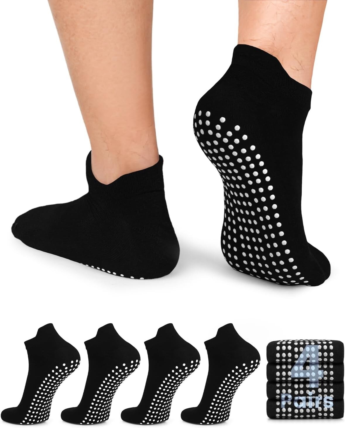 4 Pairs Non Slip Grip Socks for Men Anti-Skid Gripper Large-X-Large 01 4 Black