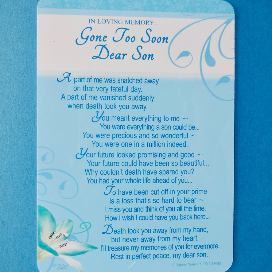 Gone Too Soon Dear Son Graveside Memorial Card Keepsake Poem Message Verse Grave