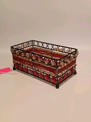 Black Wire Beaded Bathroom Caddy Rectangle Shaped Red, Pinkish Gold Tone Beads