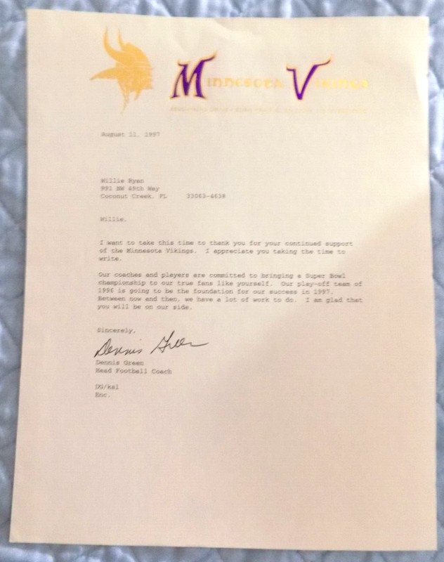 Dennis Green Head Coach Minnesota Vikings Facsimile Signed Letter from 1997
