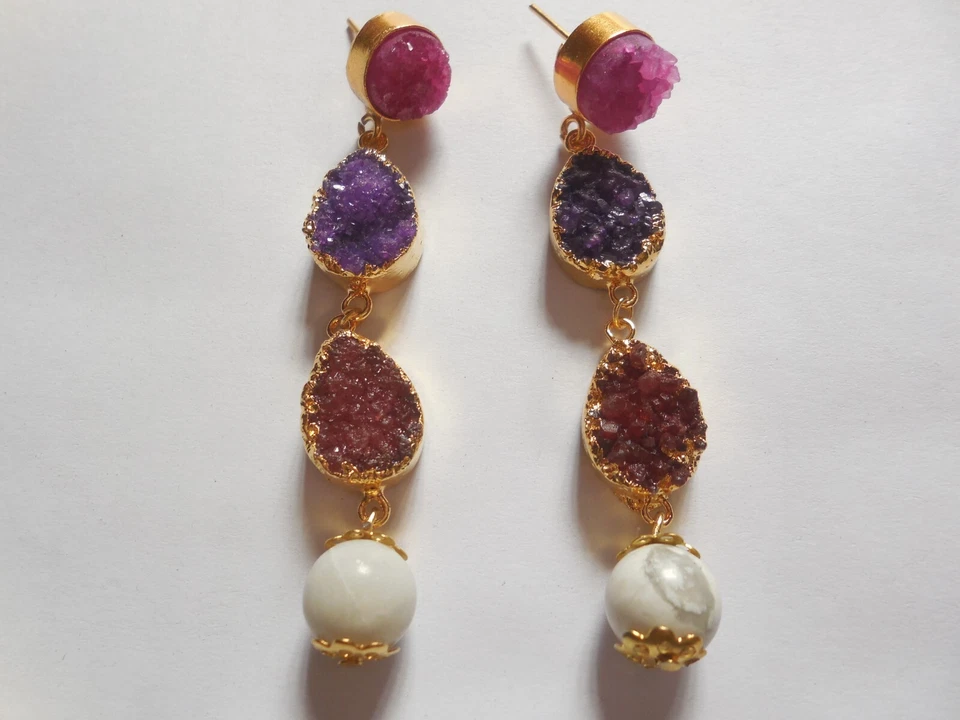 Pendiente de borde dorado Druzy, pendiente de cuentas Howlite, pendiente de araña Druzy, joyería Foto 4 de 4