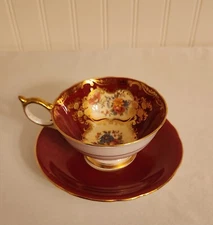 Aynsley Burgandy Red Paramount 7700 Tea Cup & Saucer Pink Cabbage Rose Gold Gilt