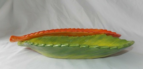 Dept 56 Ceramic Double Leaf Dish Server Green Orange 7" x 11" Fall Autumn Theme - Picture 6 of 12