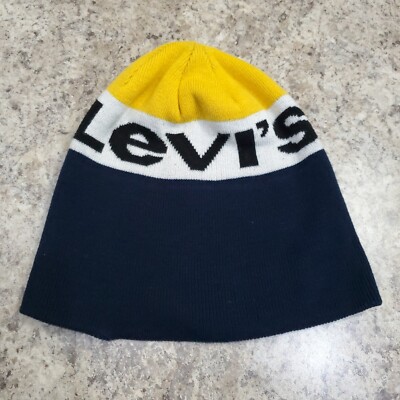 Levis Beanie Hat Youth One Size Blue Yellow Puff Logo Knit Snow Cap Acrylic Ski