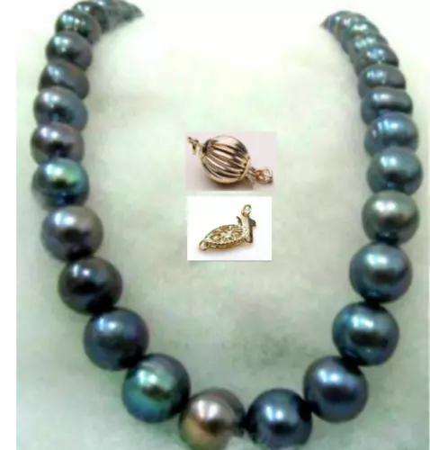 AAA++ 12MM TAHITIAN SOUTH SEAS BLACK BAROQUE PEARL NECKLACE 18 INCH 14K GOLD