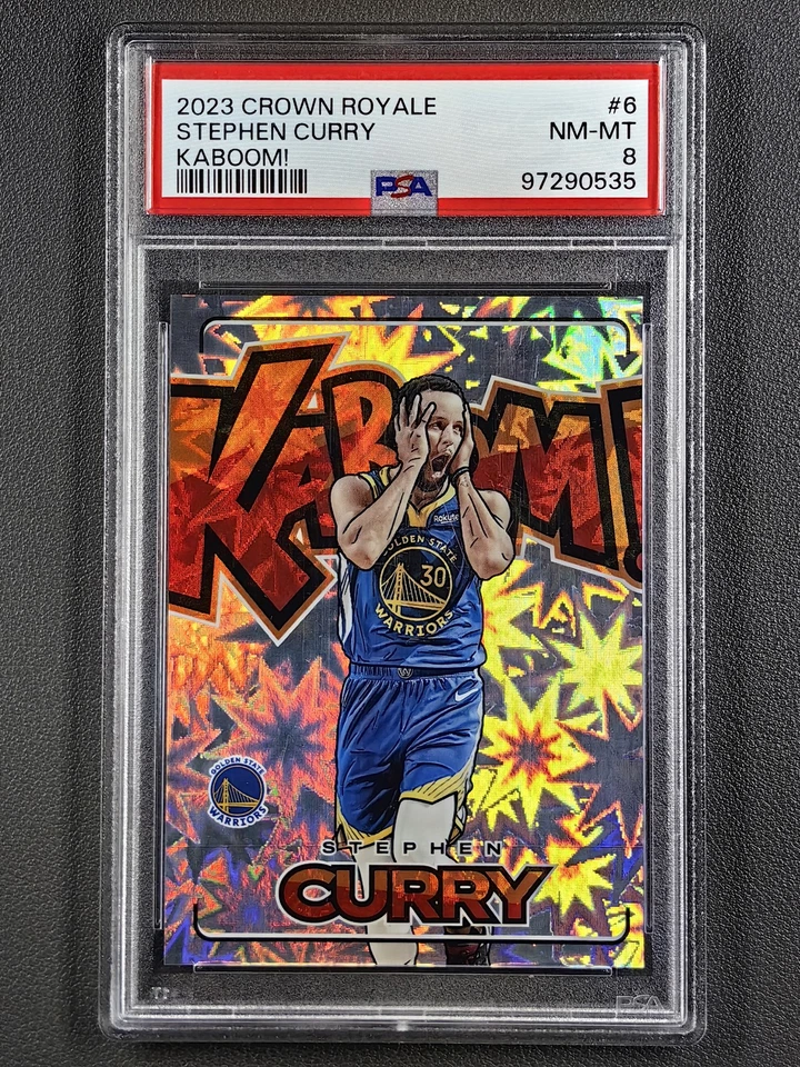 2023-24 Panini Crown Royale Stephen Curry Kaboom #6 SSP Warriors PSA 8