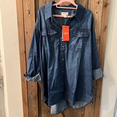 Sofia Vergara Boyfriend Oversized Tunic Shirt XL DarkWash Denim Chambray NEW
