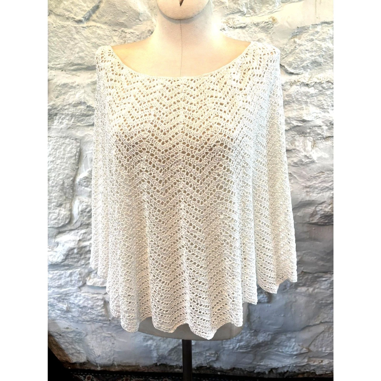 Talbots Open Knit Crochet Poncho Top White Boho Coastal Beach Cover Up L/XL NWOT