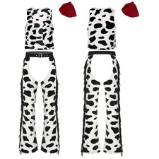 US Men Western Cowboy Flannel Vest with Cow Print Chaps Pants and Bandana